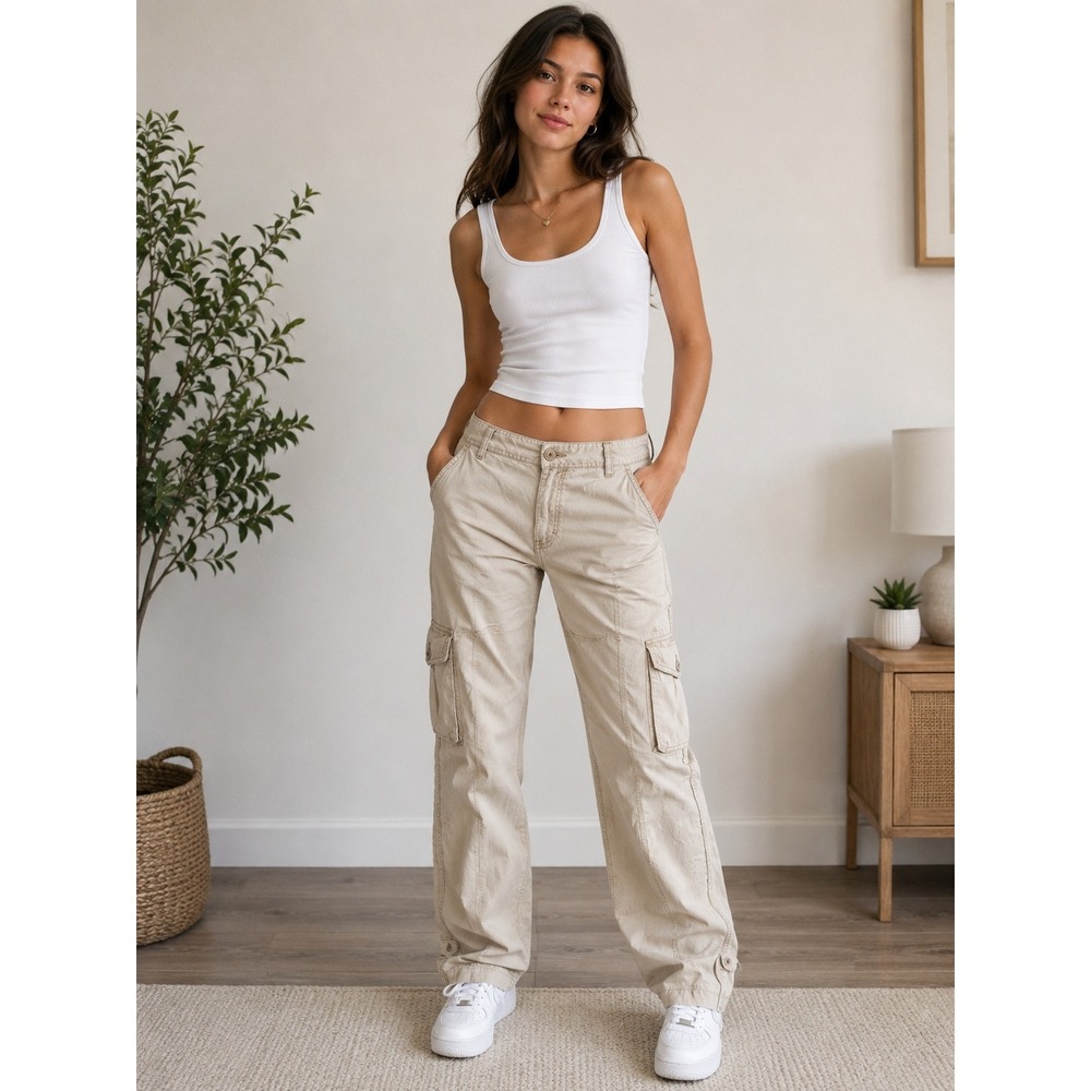 Faded Glory Womens Stretch Cargo Pants Beige Creamed Coffee Utility Size 10 Avg